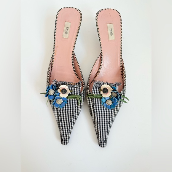 Prada Shoes - Prada Black White Gingham Flower bouquet Vintage mules heels EU 39.5